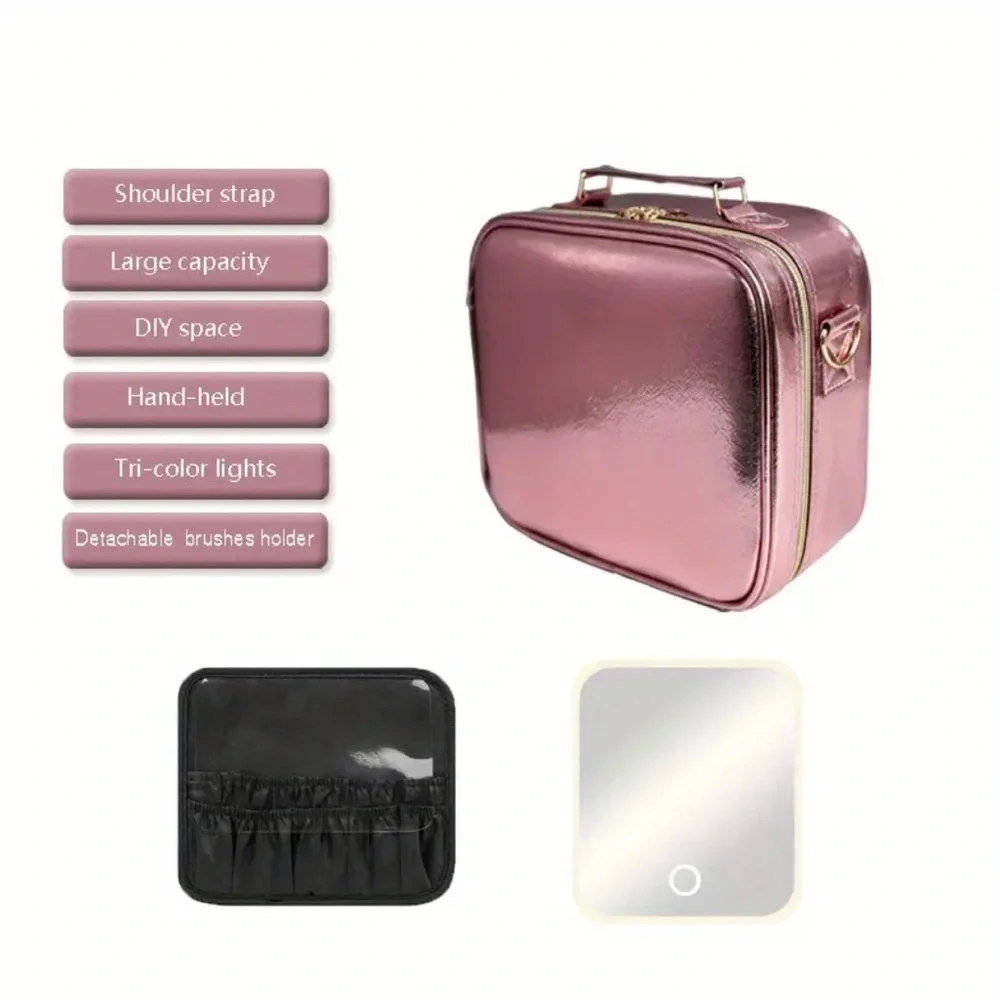 Pink Cosmetic Travel Organizer / Storage Case with LED Mirror - New